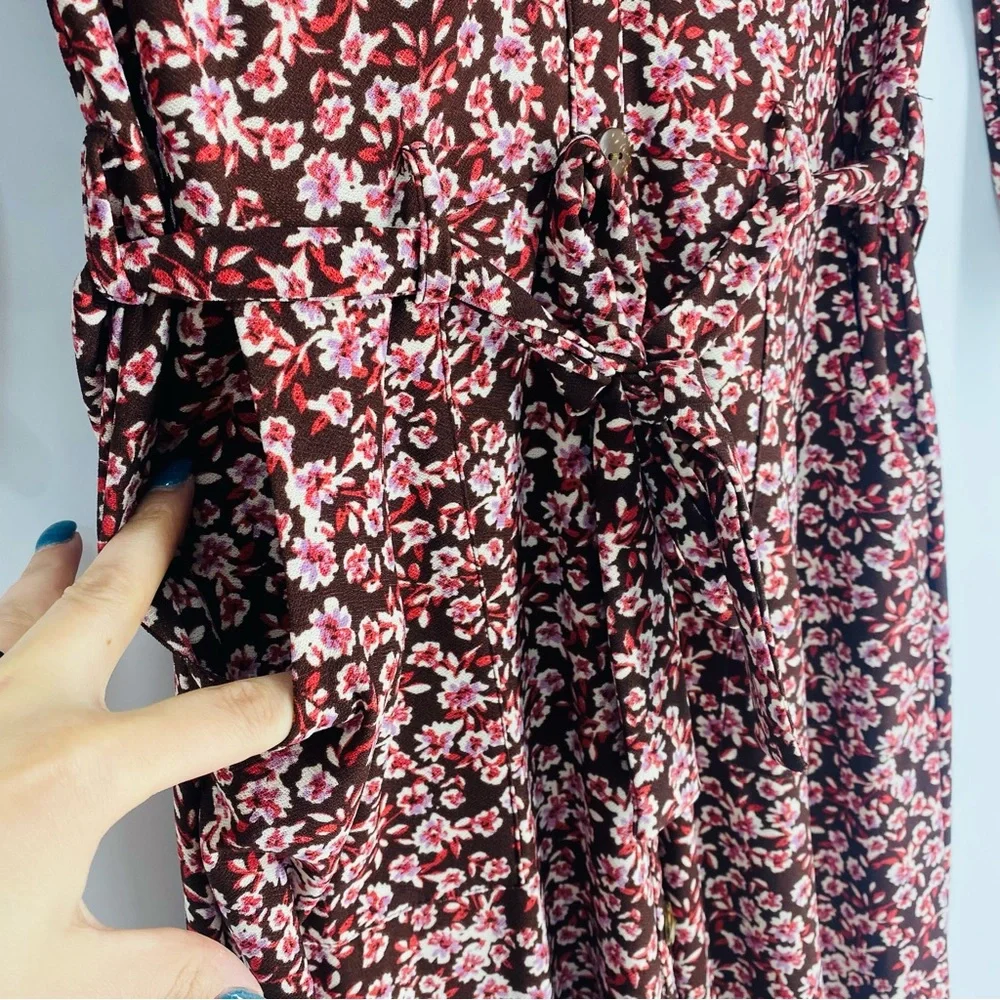 Monteau Brown Pink Floral Belted Pocket V-Neck Mid Dress M - Picture 4 of 7